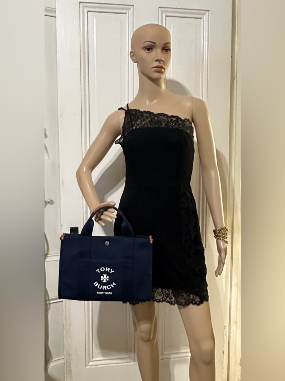 Tory Burch Navy Canvas 2-Way Bag with Tan Leather Trim - Picture 5 of 16